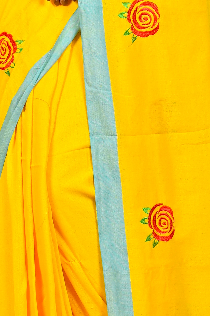 Yellow Pure Cotton Parag Embroidery Handloom saree (214)